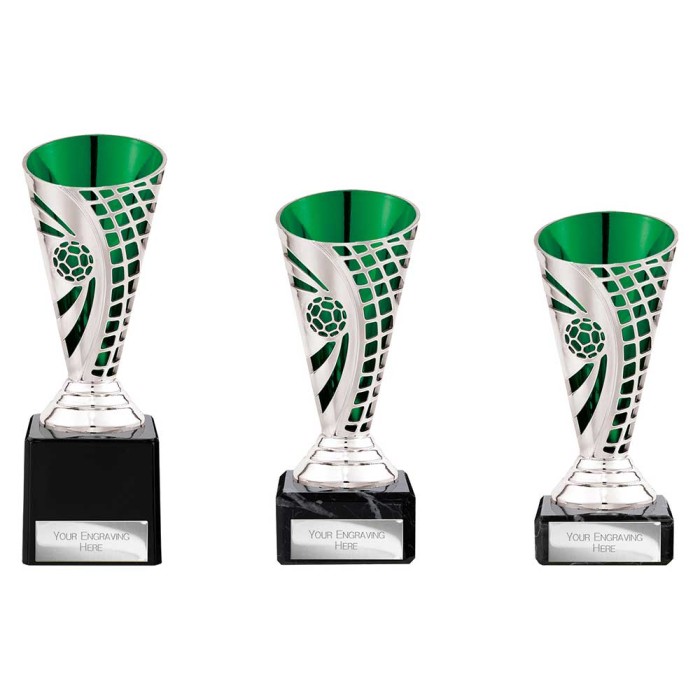 DEFENDER SILVER / GREEN PLASTIC BUDGET FOOTBALL CUPS  - AVAILABLE IN 3 SIZES (14CM - 17CM)